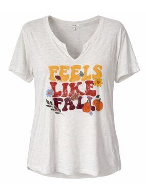 Feels Like Fall Size 2X Graphic Tee Maurices White V-Neck Cotton Blend Leaves